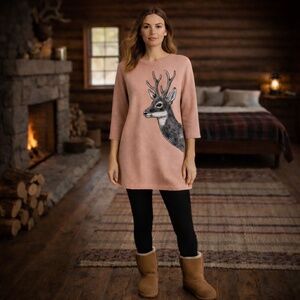 Pink Wool Blend Deer Appliqué Sweater Tunic Cottagecore M